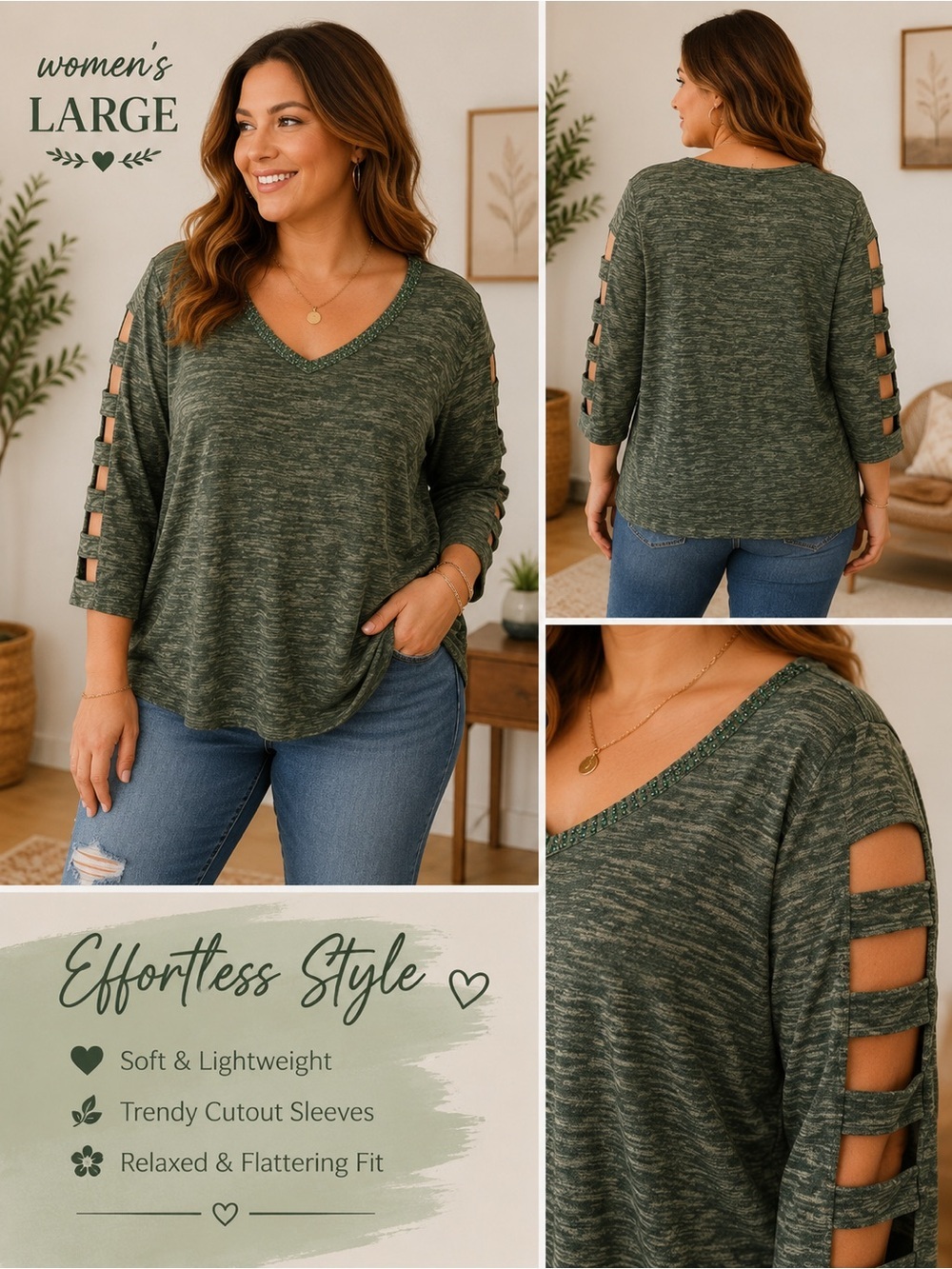 ALWAYS INDIGO Green Knit Cutout Sleeve V-Neck Top LARGE